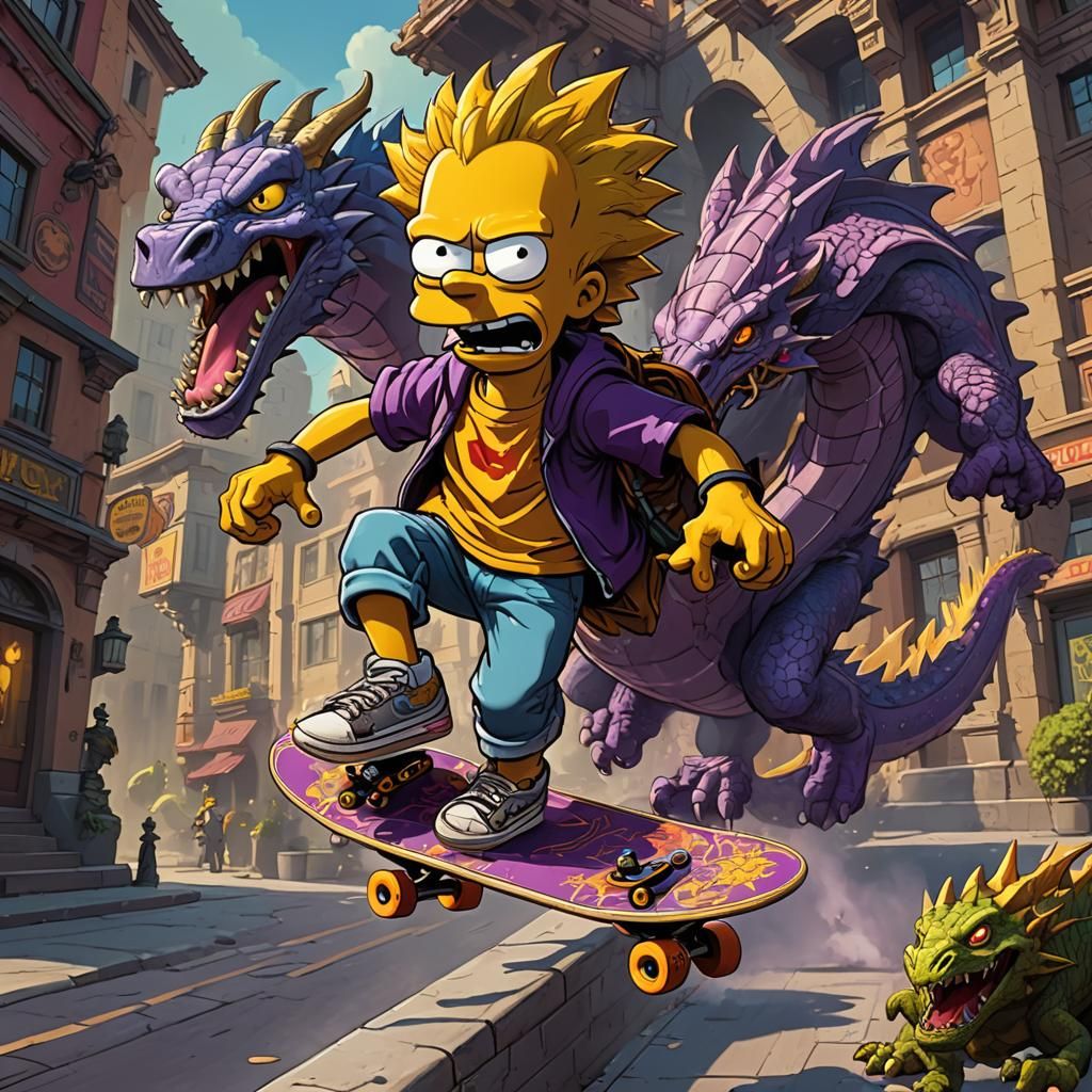 Bart Simpson Evades Dragon: Dark Fantasy Art