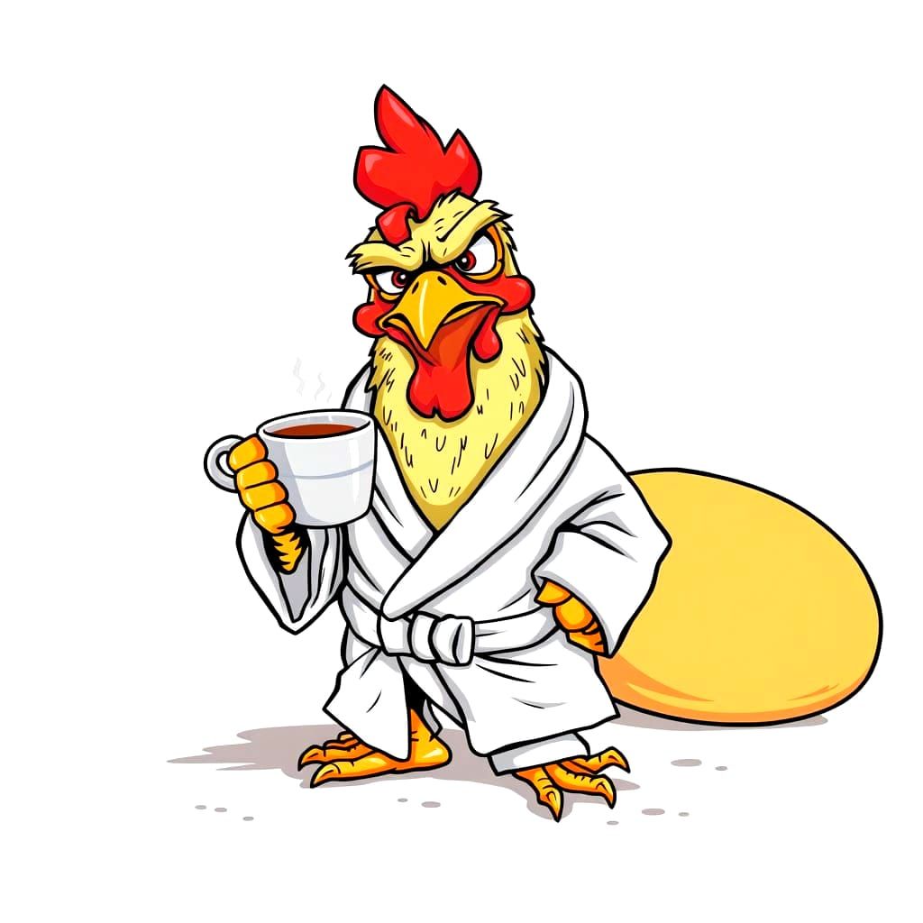 grumpy and haggard looking old chicken wearing a bathrobe and slippers and drinking a cup of coffee,