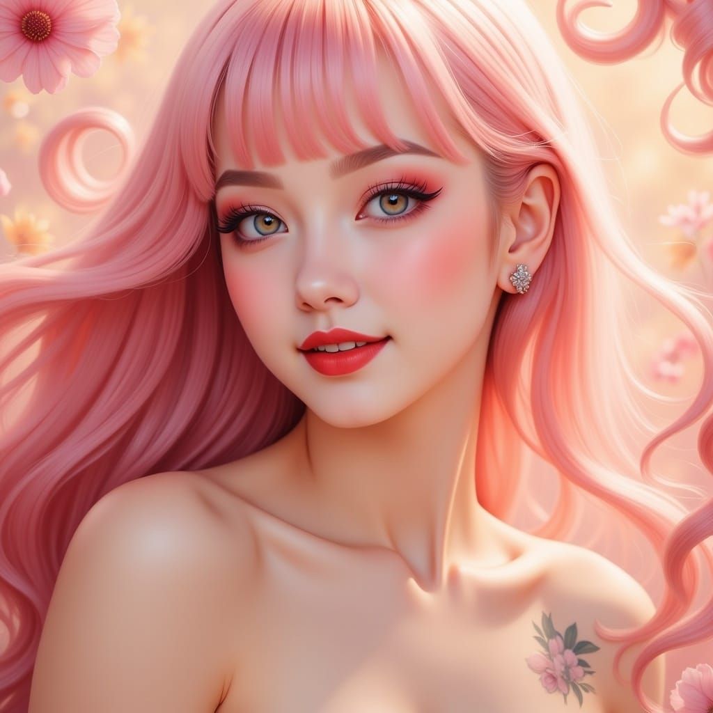Ethereal Pink-Haired Woman in Digital Art Style