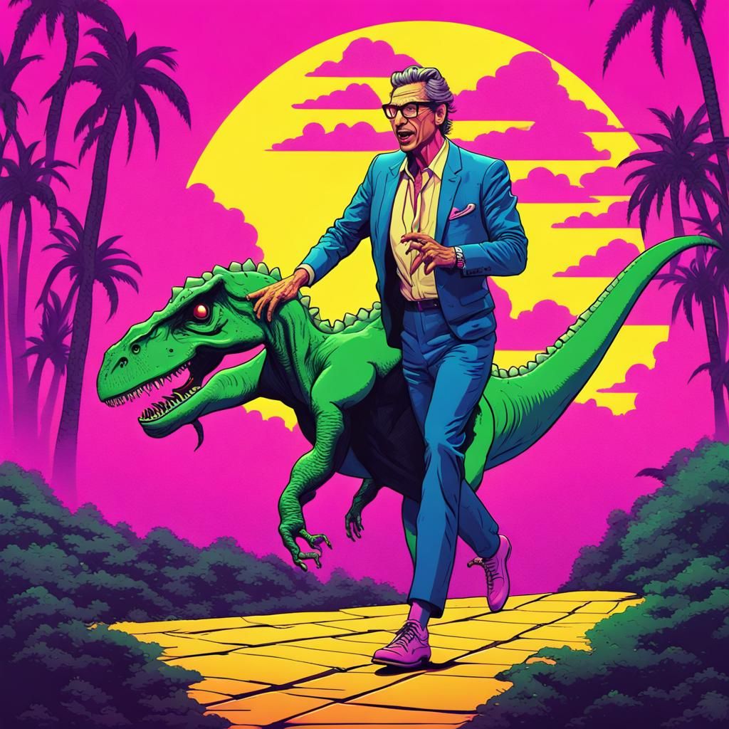 Jeff Goldblum Dinosaur Chase in Synthwave Style