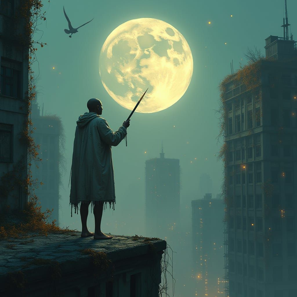 Dreamlike Cityscape: Figure Paints Moon onto Sky