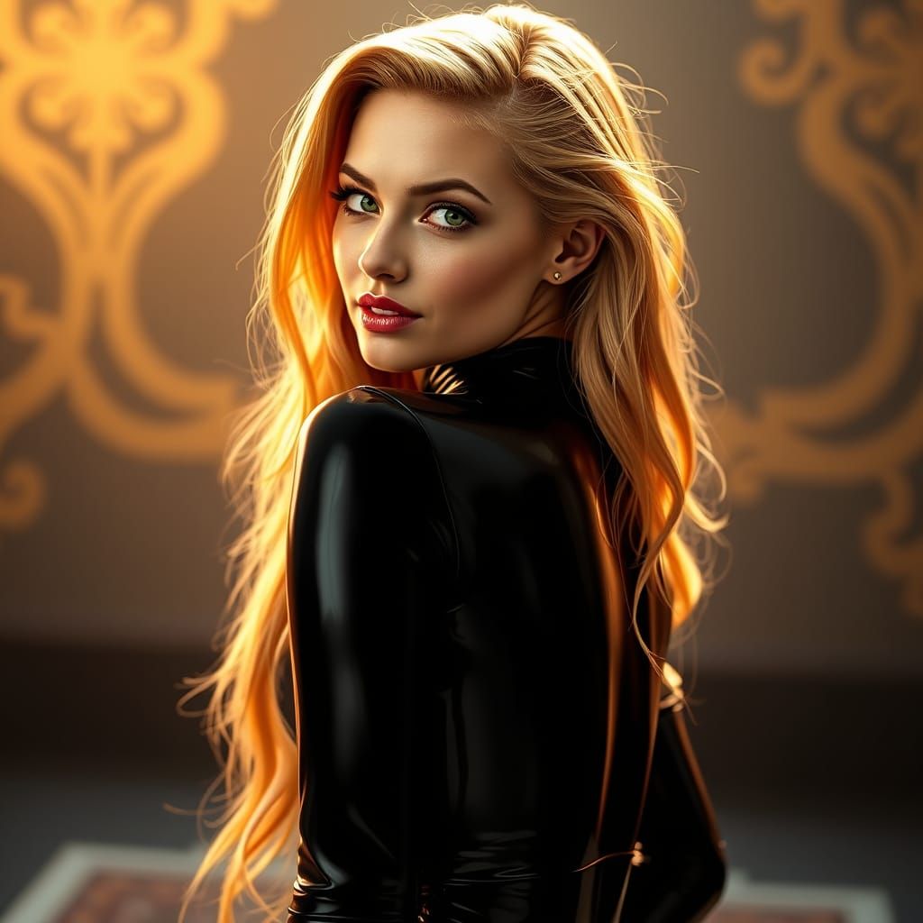 Sultry Woman in Art Deco-Inspired Latex Catsuit