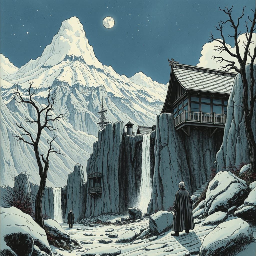 Imaginative Scene in the Style of Toppi and Miyazaki