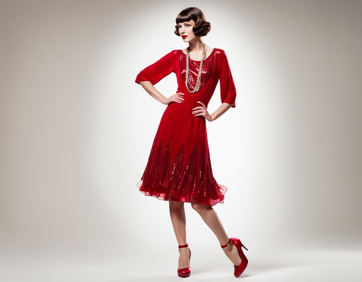 Woman in Red Sequin 1920s Dress, Full Body