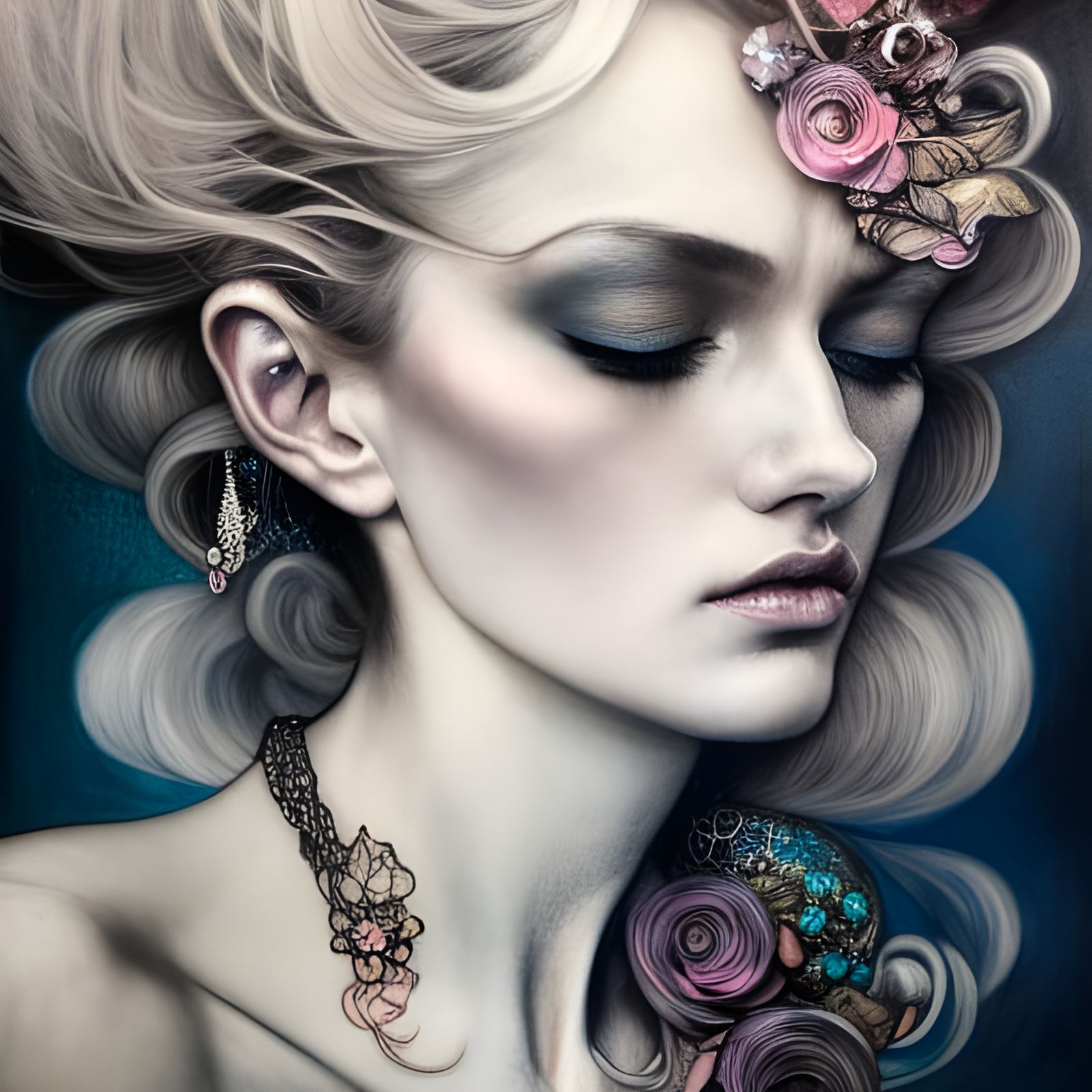 Jeweled Woman: Hyperdetailed Charcoal and Pastel Portrait