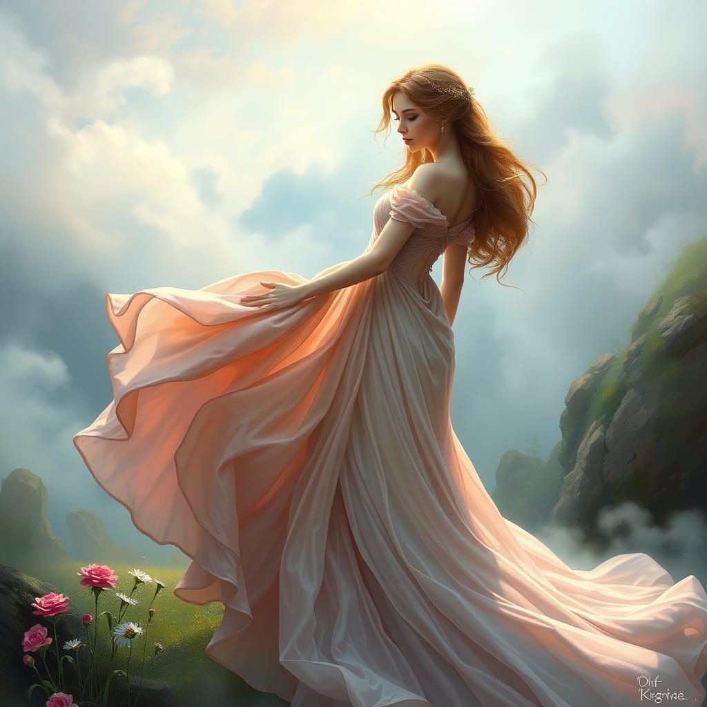 Dreamy Fantasy Woman in Enchanted Landscape