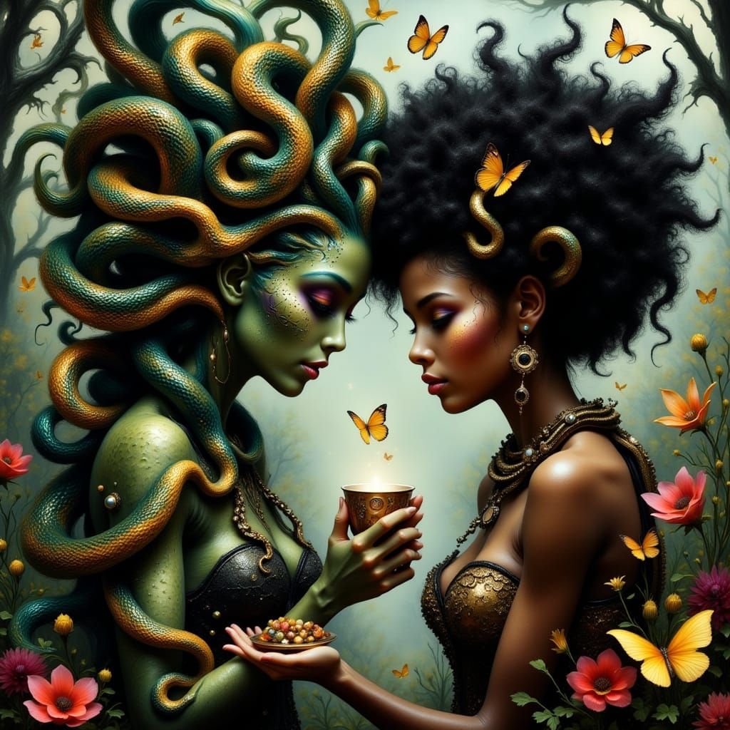 Surreal Portrait of Medusa and Her Blind Lover in a Whimsica...