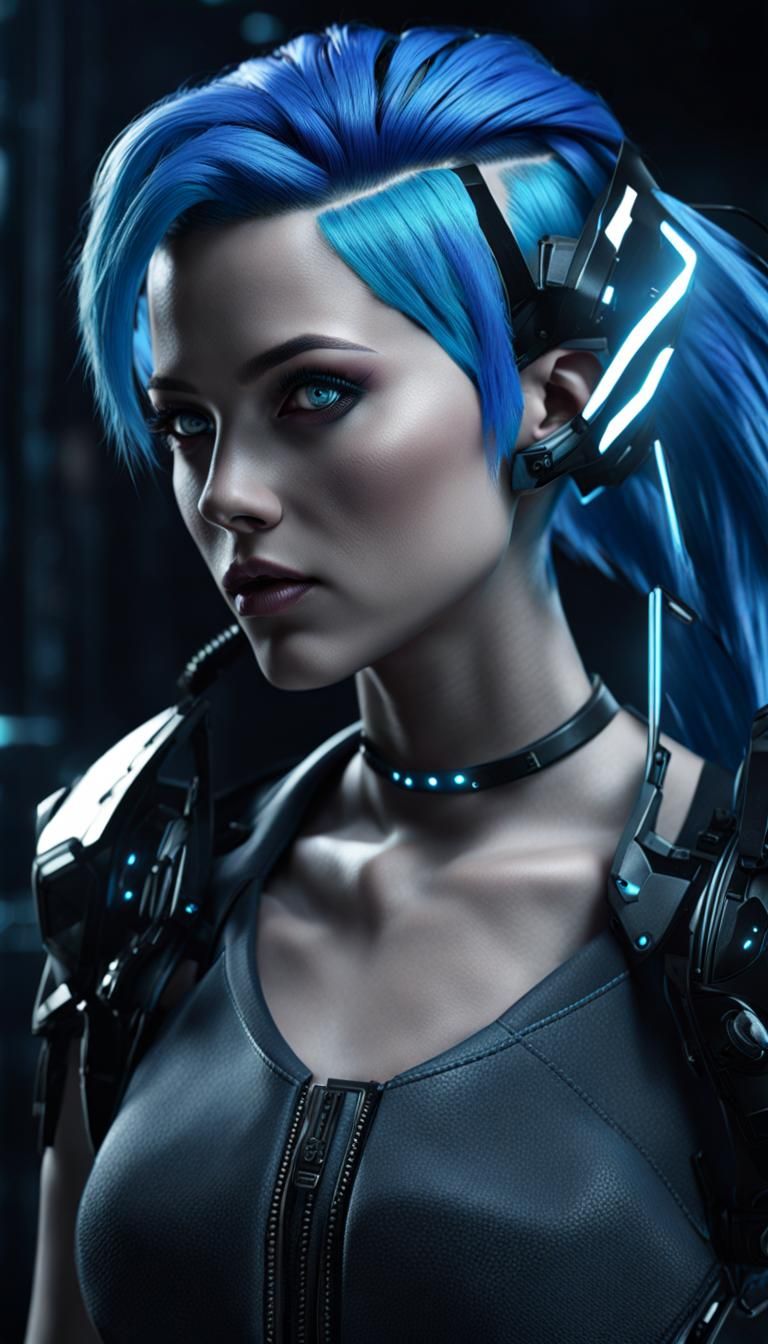 Cyberpunk Woman with Blue Hair and Cybernetic Enhancements