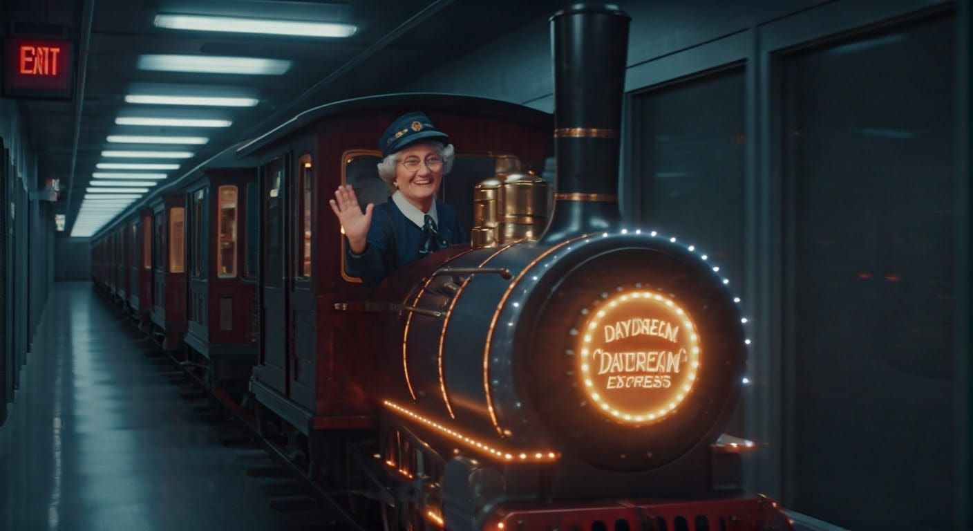 Magical Train Conductor Soaring Through Office, Movie Still