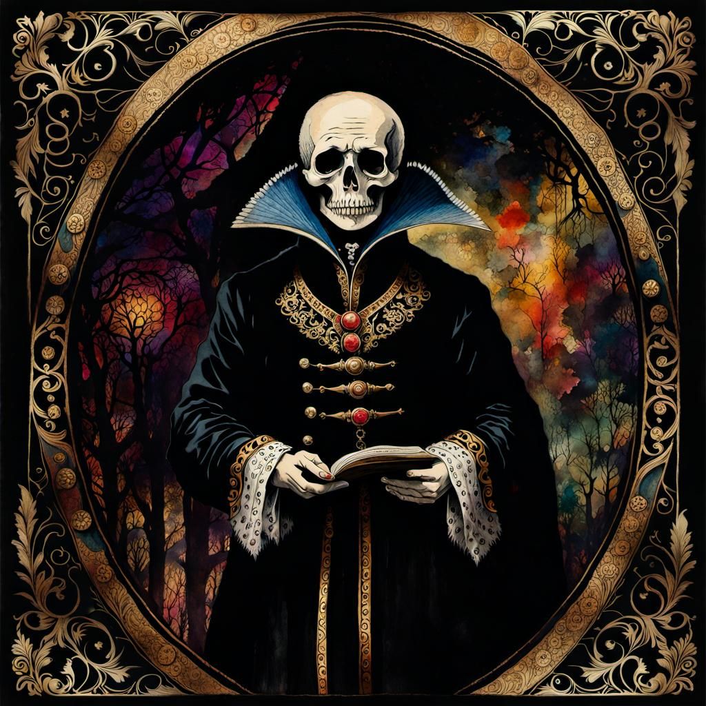 Macabre Man in Black: Vintage Watercolor Illustration