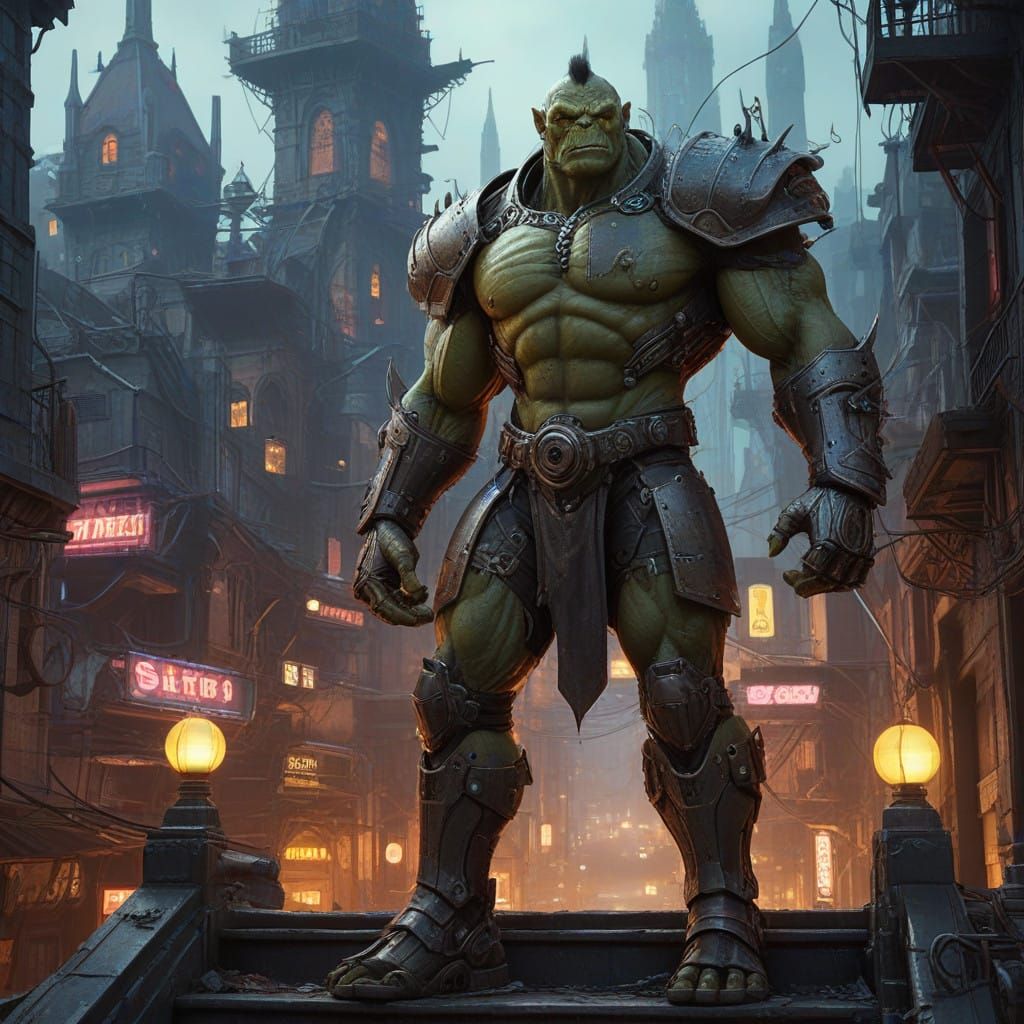 Realistic oil painting. A cybernetic half-robot half-orc in ...