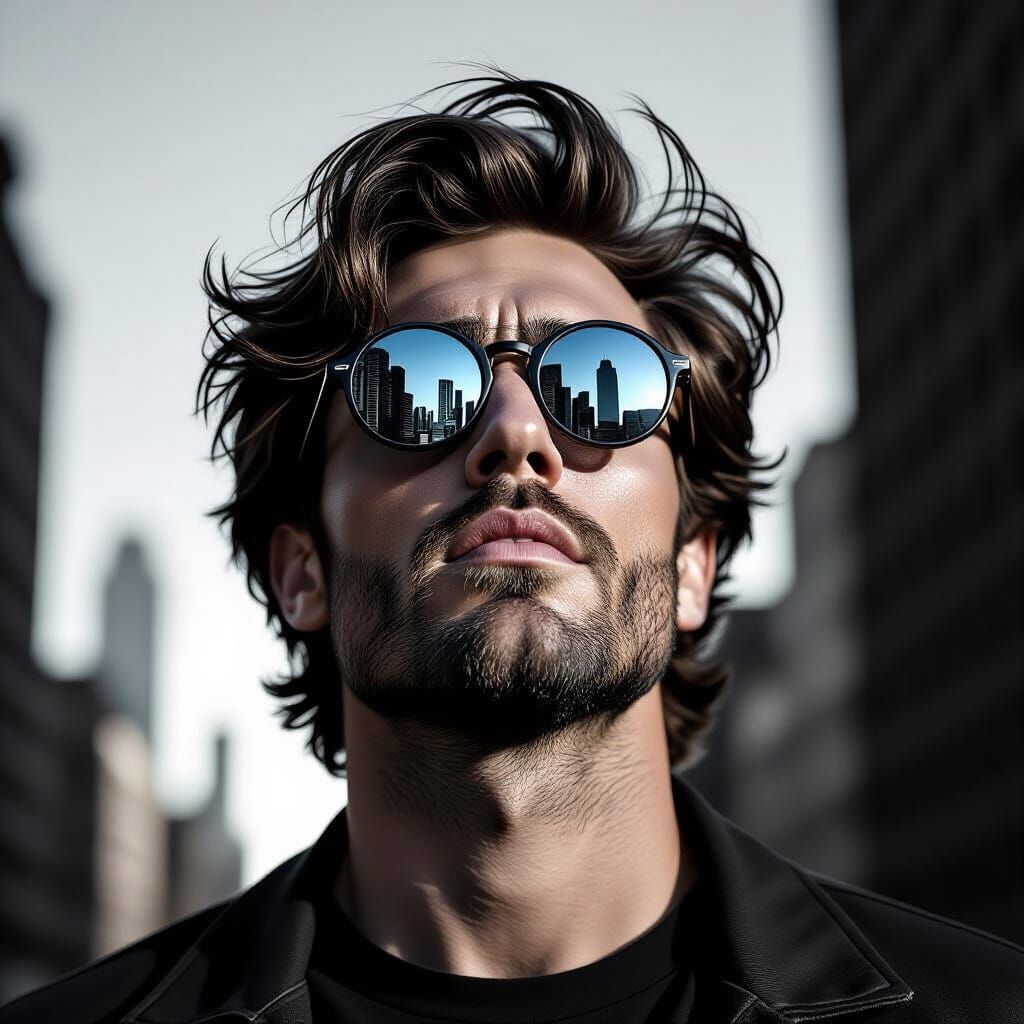 Dramatic Portrait of Man with Reflective Sunglasses