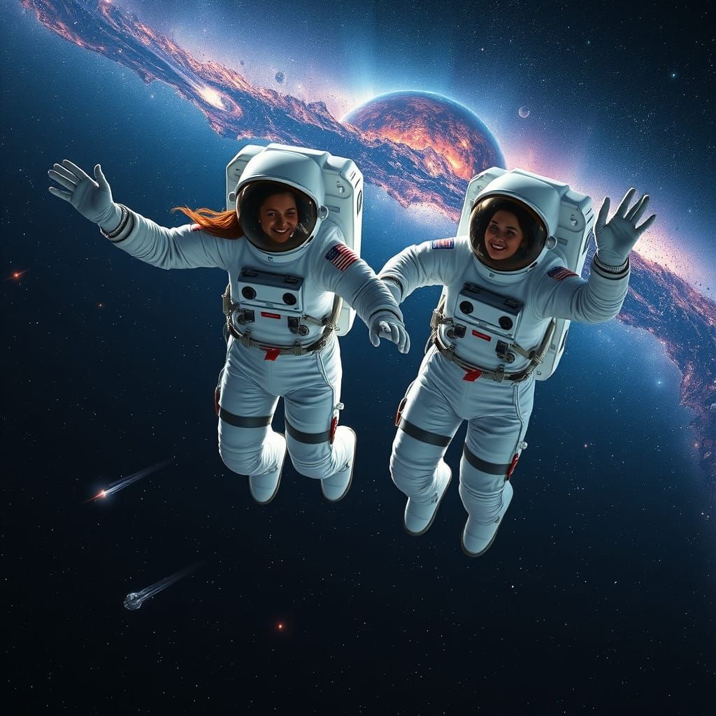 Astronaut and Dog Fly Through Glowing Stars