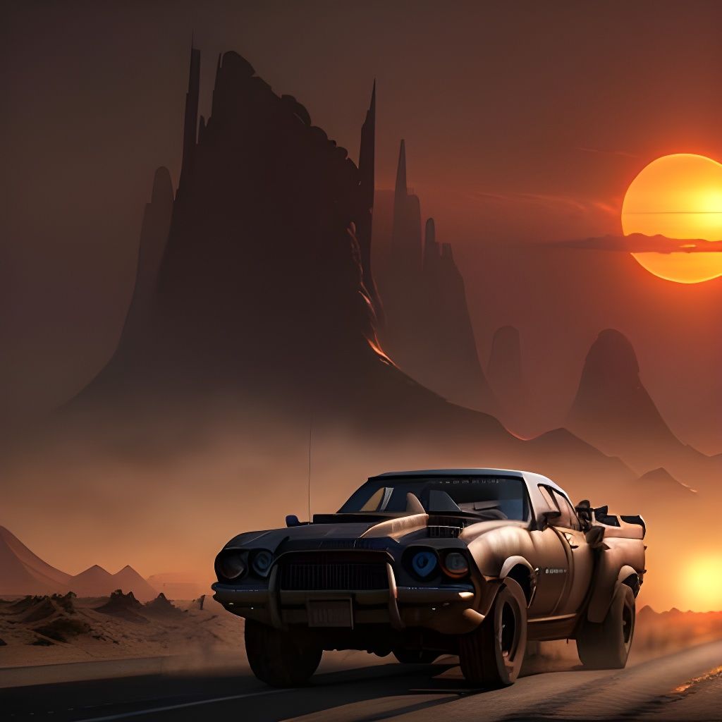 Mad Max Driving Into Setting Sun, Detailed Matte Painting