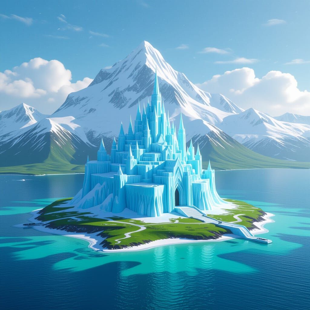 Majestic Ice Castle on Island Mountain in Turquoise Ocean