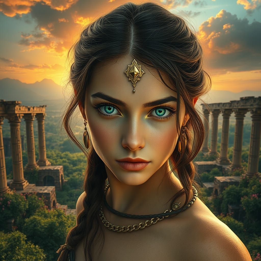 Girl with Piercing Green and Brown Eyes in Ancient Ruins