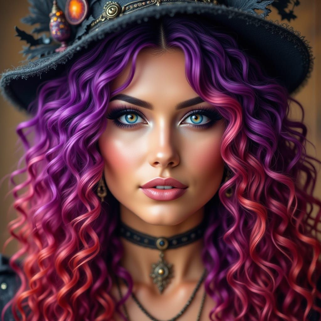 Halloween Witch with Long Curly Red and Purple Hair