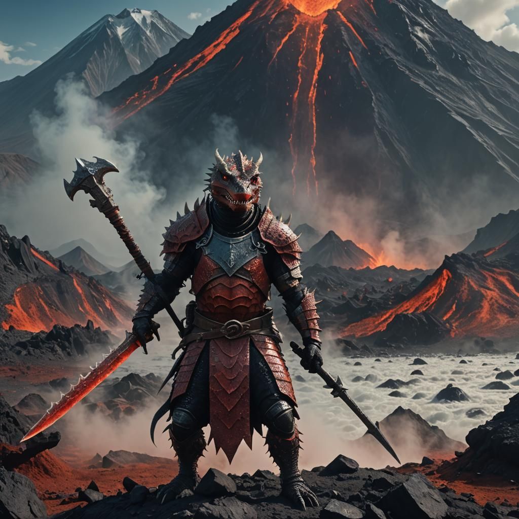 Lizardman Warrior in Volcanic Landscape: Cinematic Still