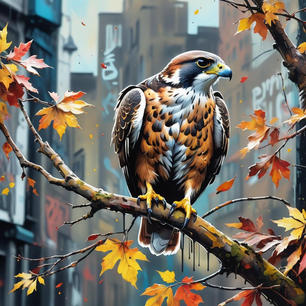 Falcon Perched on Branch in Graffiti Art Style