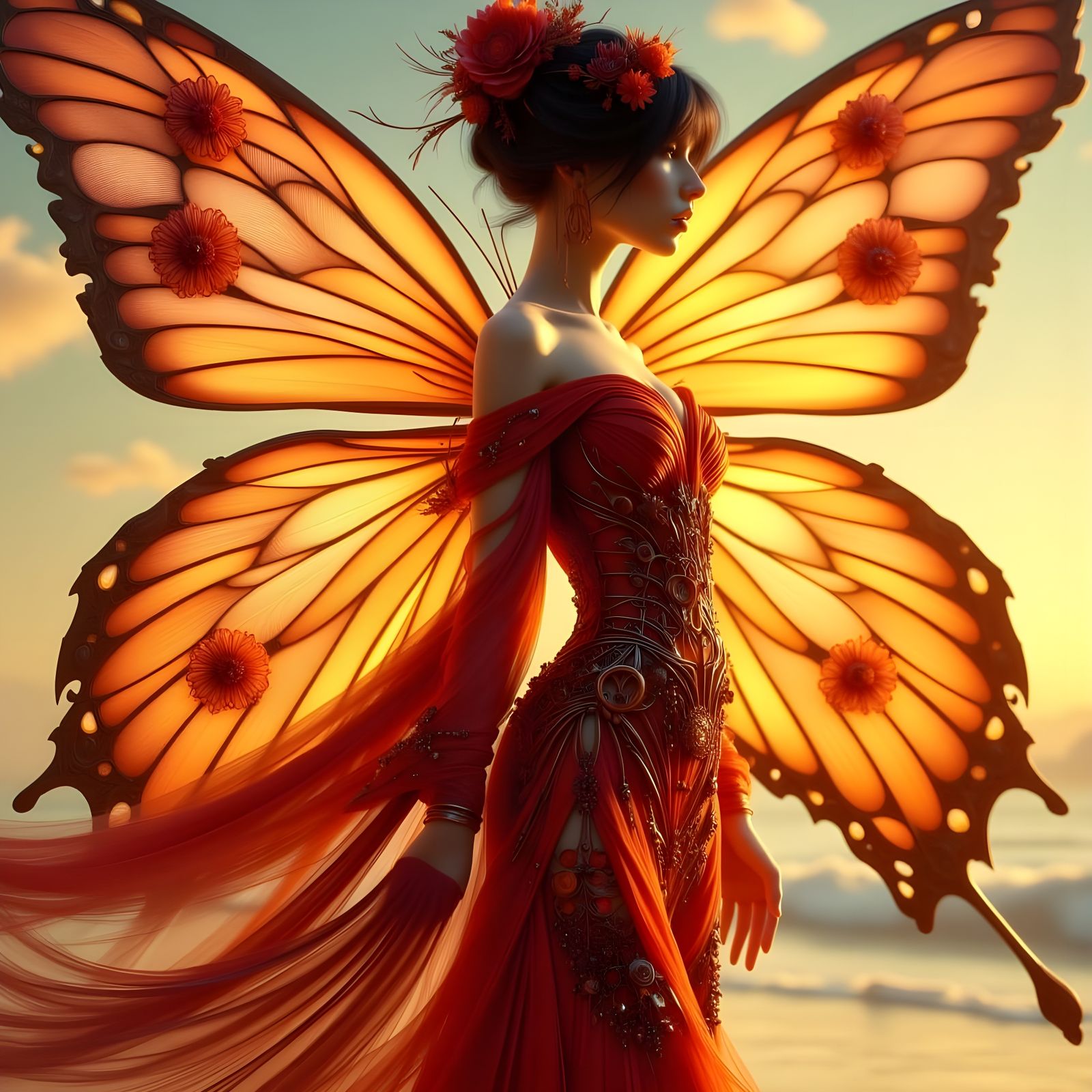 Art Nouveau Punk Woman in Japanese Butterfly Dress