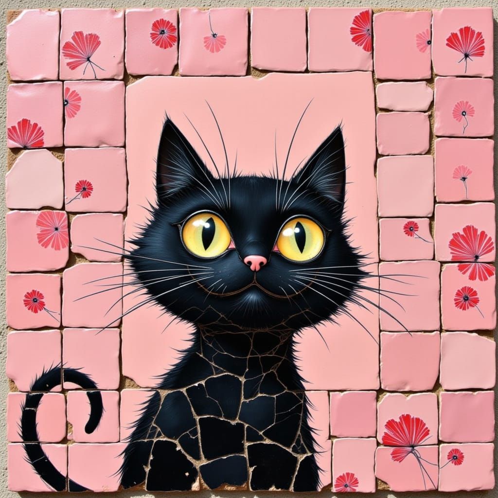 Black Cat Mosaic on Pink Tile Background