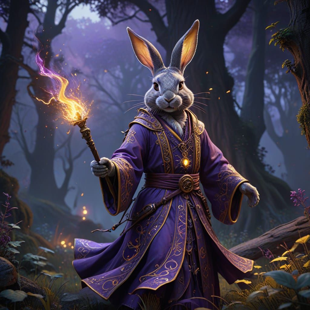 Enchanted Wizard Rabbit in Whimsical Dark Fantasy Scene