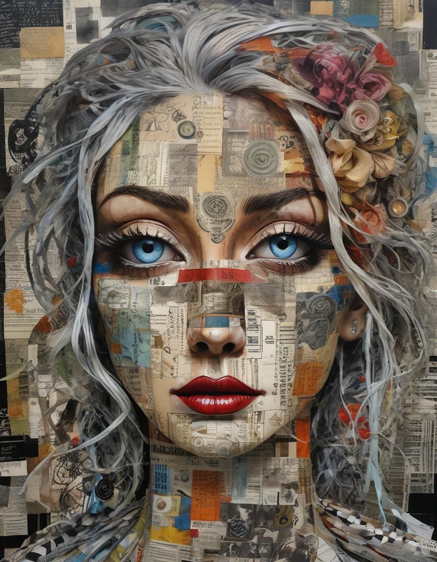 Vibrant Folk Art Collage with Expressive Woman