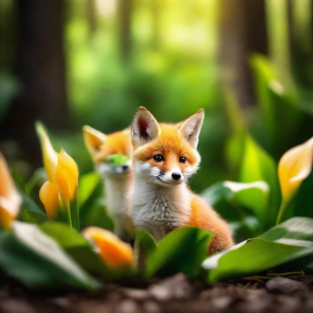 Fox Cub and Calla Lilies in Forest Sunlight