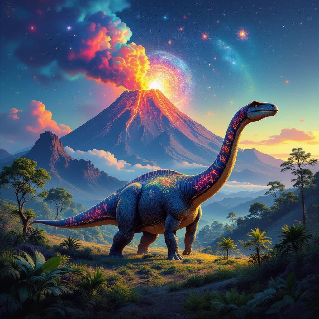 Psychedelic Apatosaurus in Jurassic Landscape