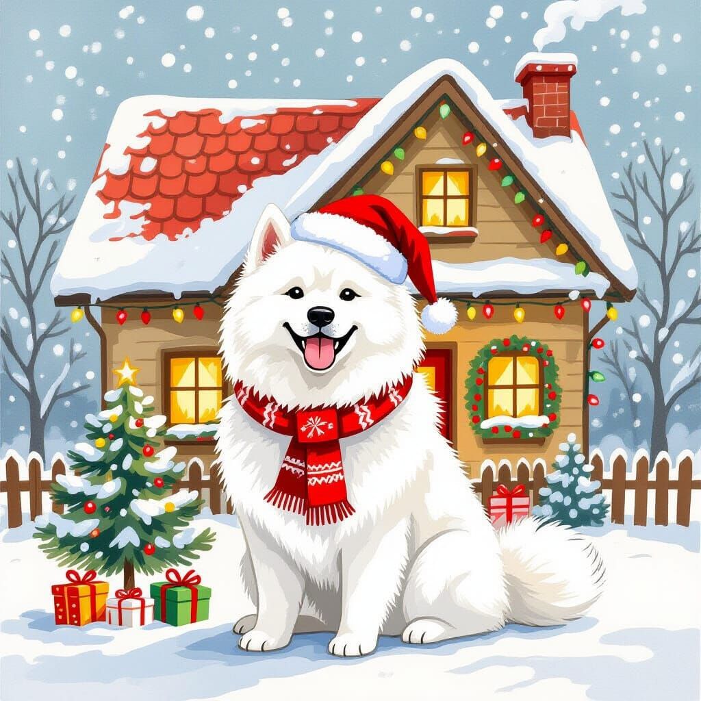 Samoyed Dog in Santa Hat, Watercolor Style