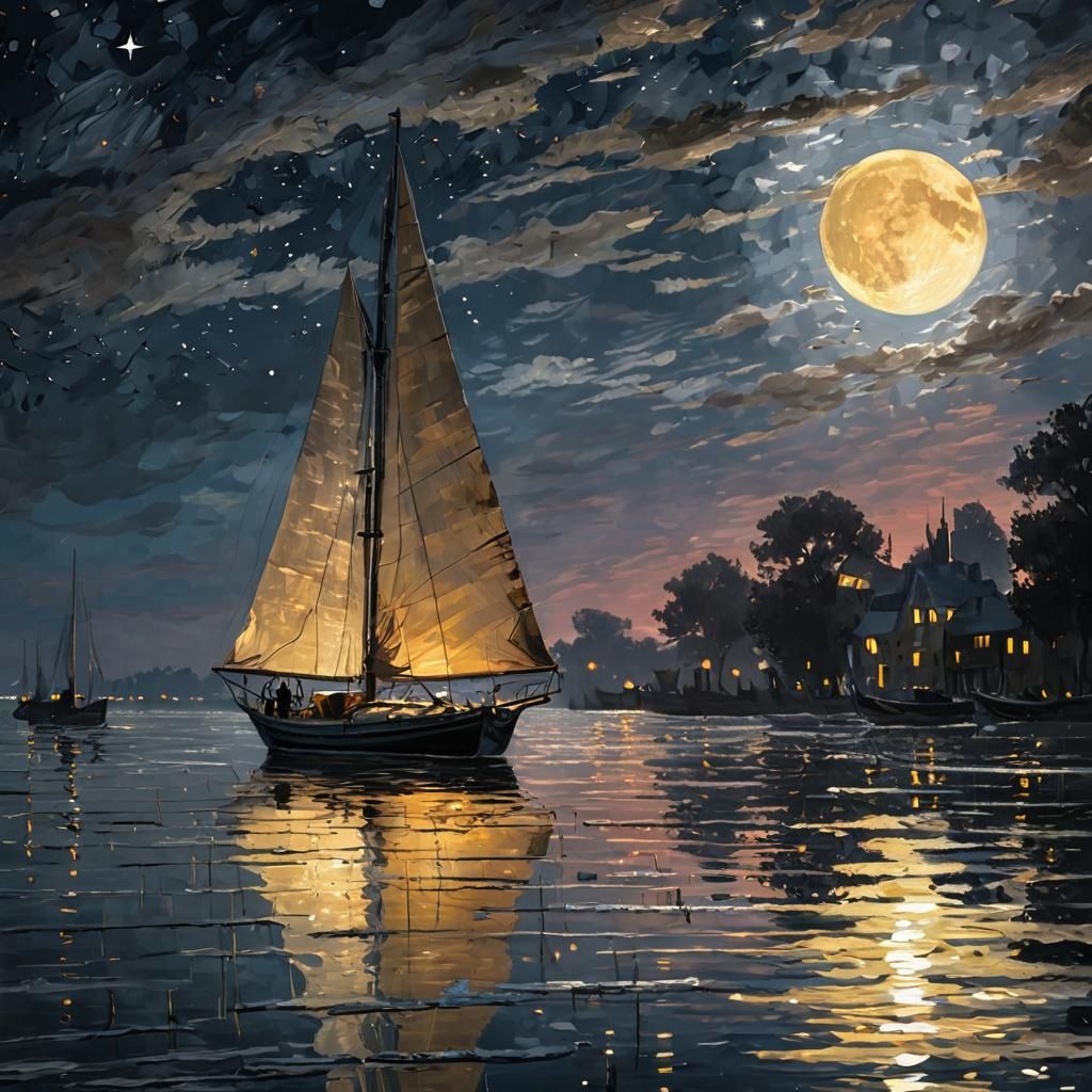 Sailboat Silhouette Under Silver Moon in Impressionist Style