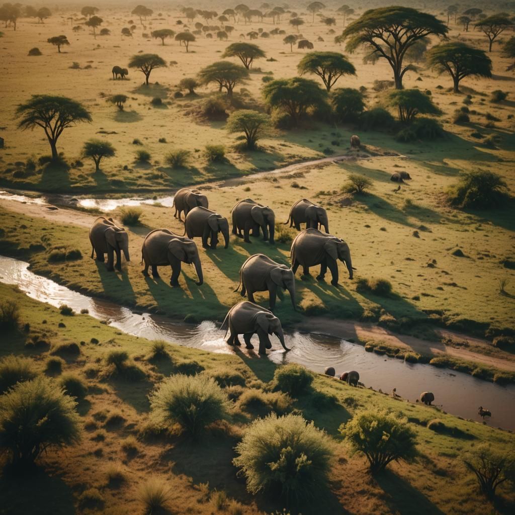 Elephants on Savanna at Golden Hour: Aerial Film Still
