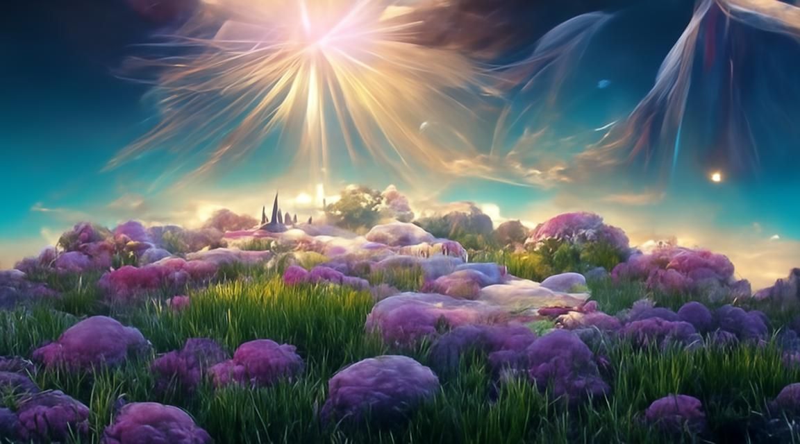 Iridescent Fantasy Landscape with Luminous Sun