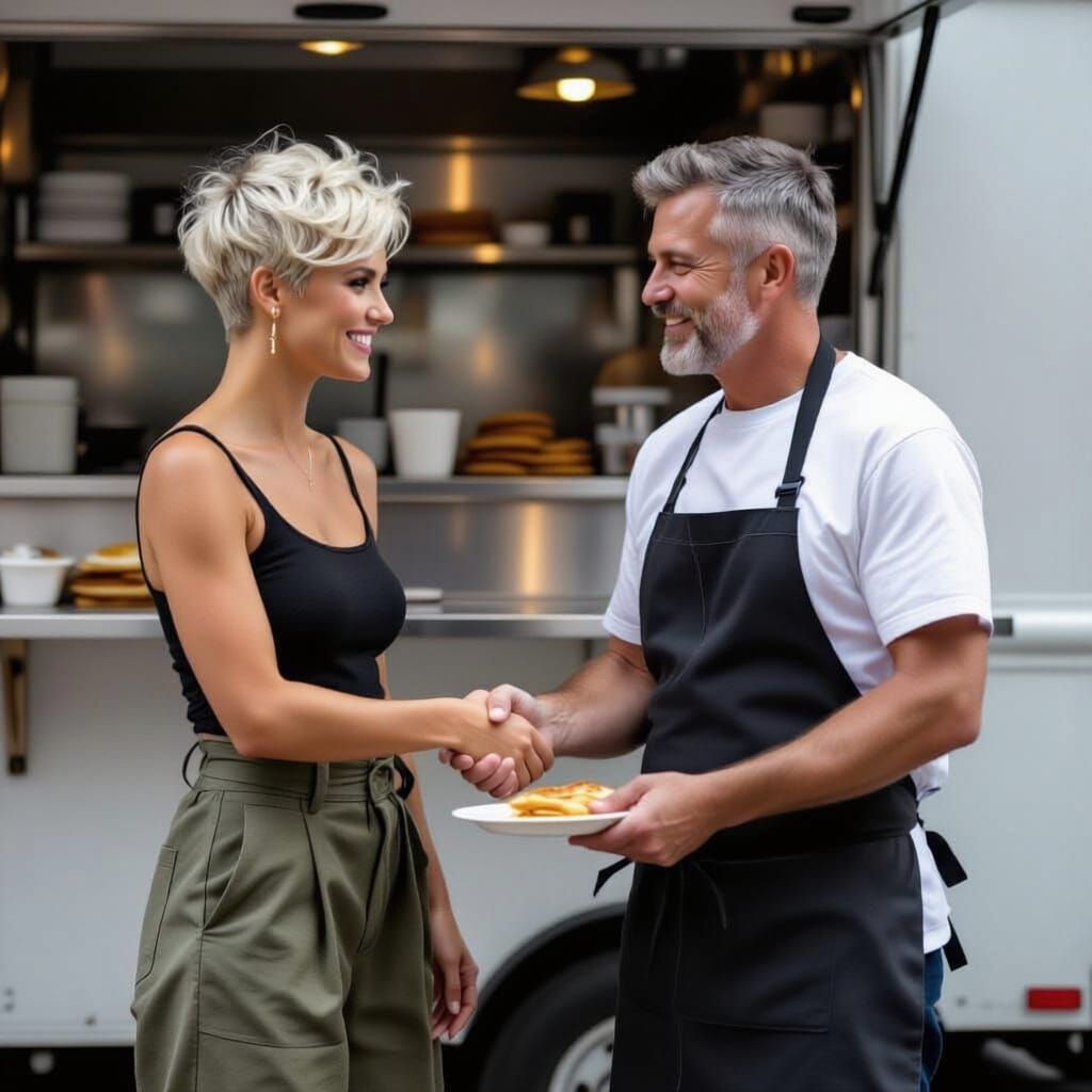 Athletic Woman Shakes Hands with Pancake Man in NYC