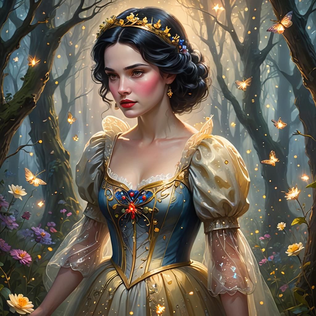 Snow White in Misty Forest: Ethereal Fantasy Illustration
