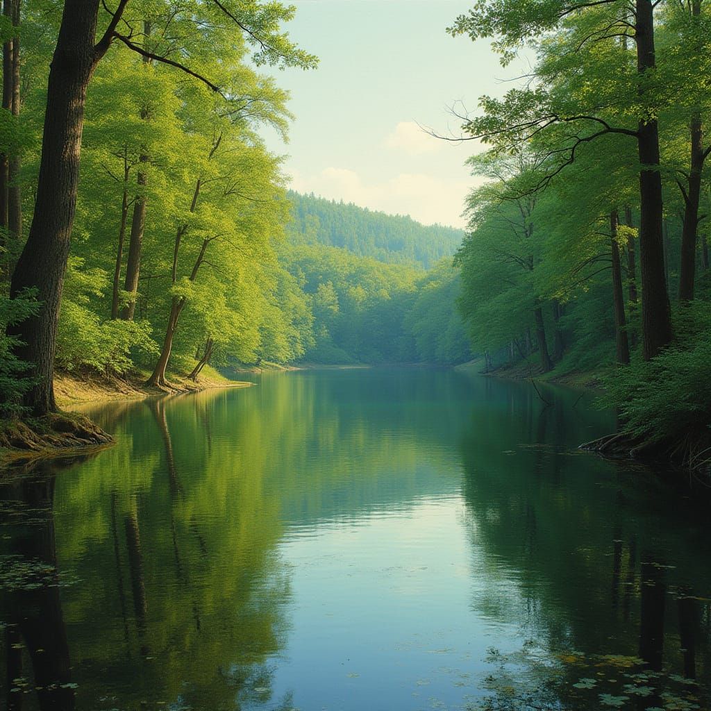 Lush Forest Lake Scene in Realistic Style