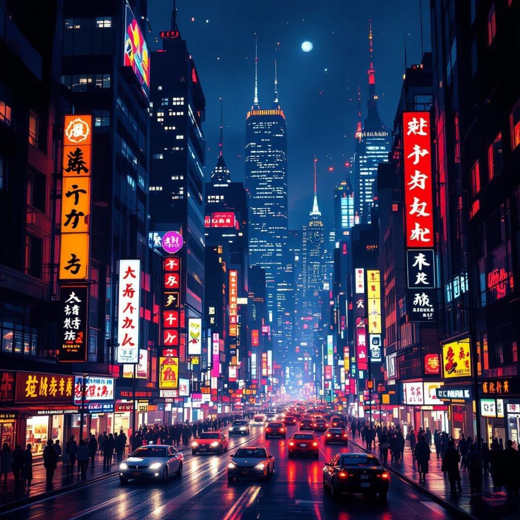 Vibrant Midnight Cityscape with Neon Lights and Crowds