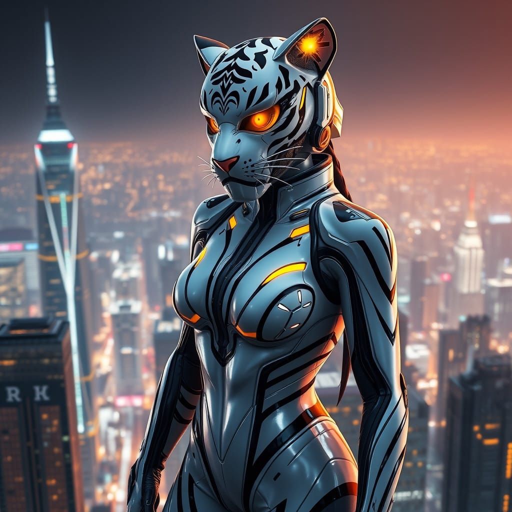 White Tiger Superheroine Stands atop Futuristic Cityscape