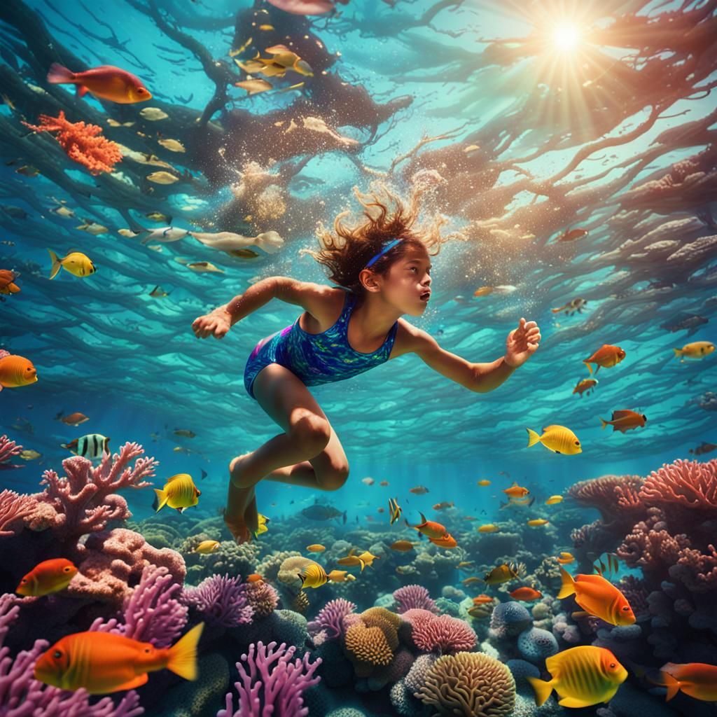 Joyful Kid Swimming in Coral Reef: Digital Art