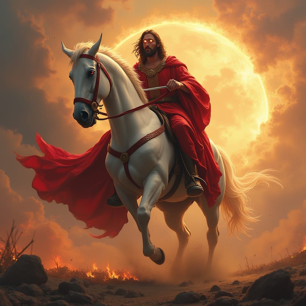 Epic Battle Scene with Rider on White Horse