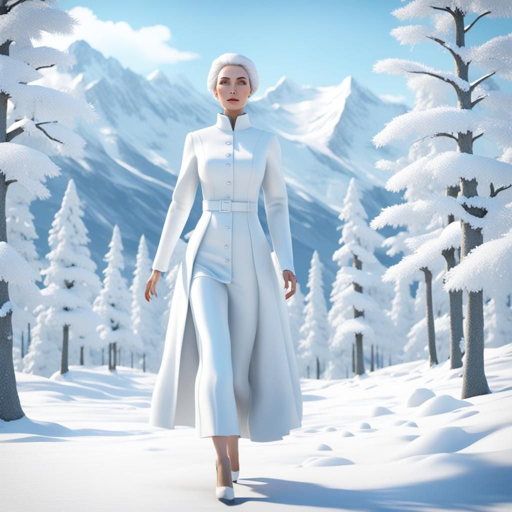 Lady in White Walking in Snowy Landscape