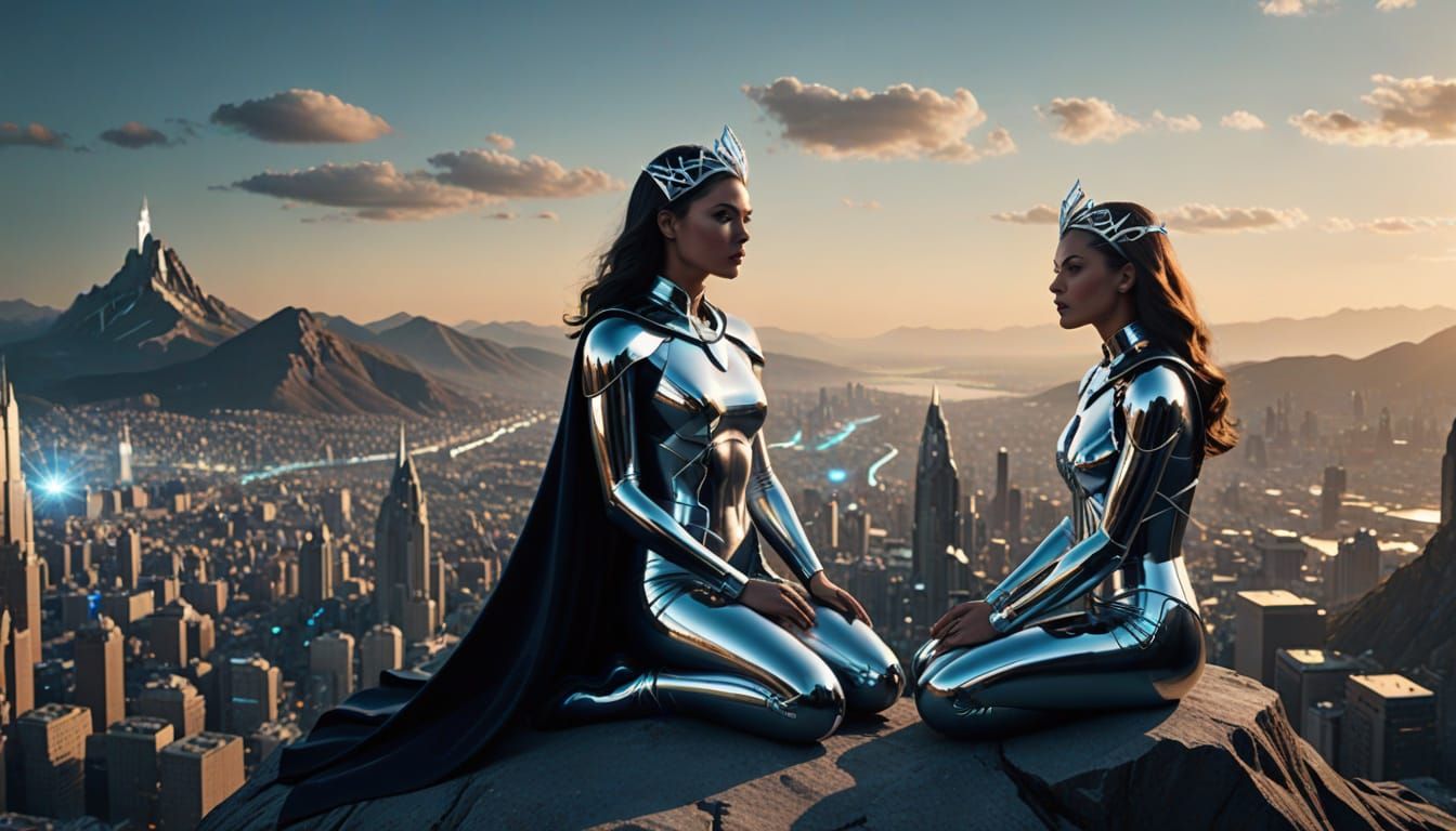 Chrome Superheroine Meditates in Sci-Fi Landscape