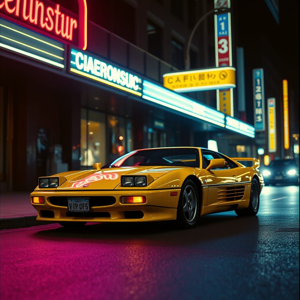 Yellow Jaguar XJ220 Under Neon City Lights