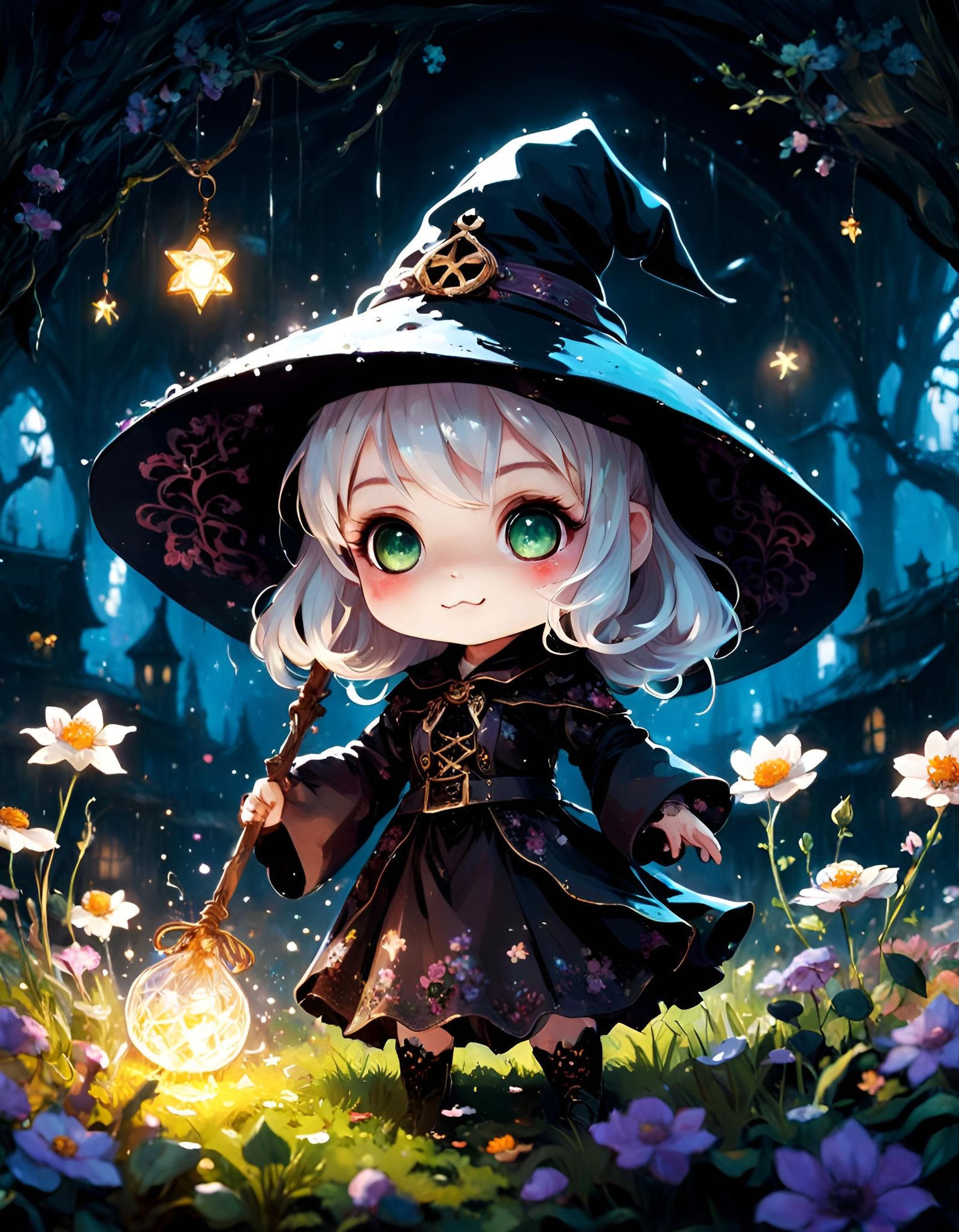 Adorable Chibi Witch with Floral Filigree Details