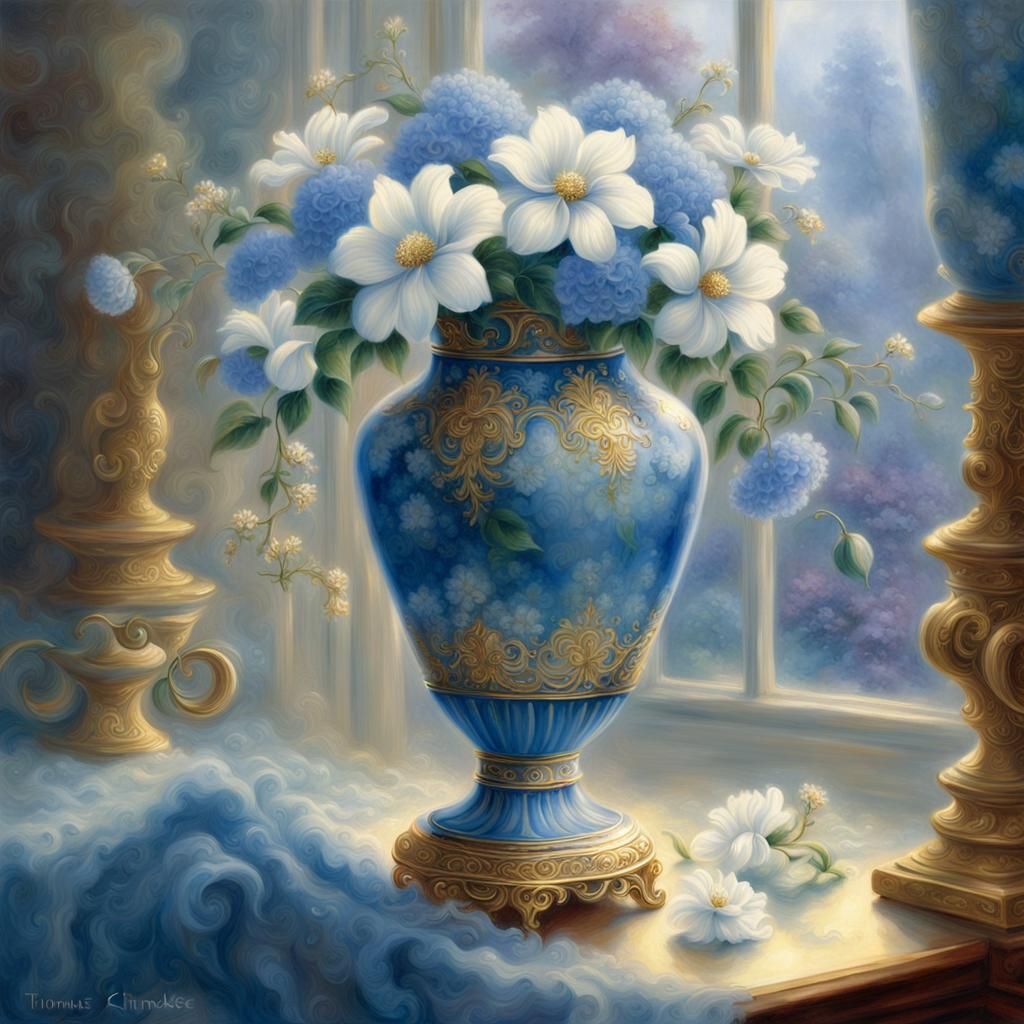 Ornate Blue Vase with White Flower, Ethereal Fantasy
