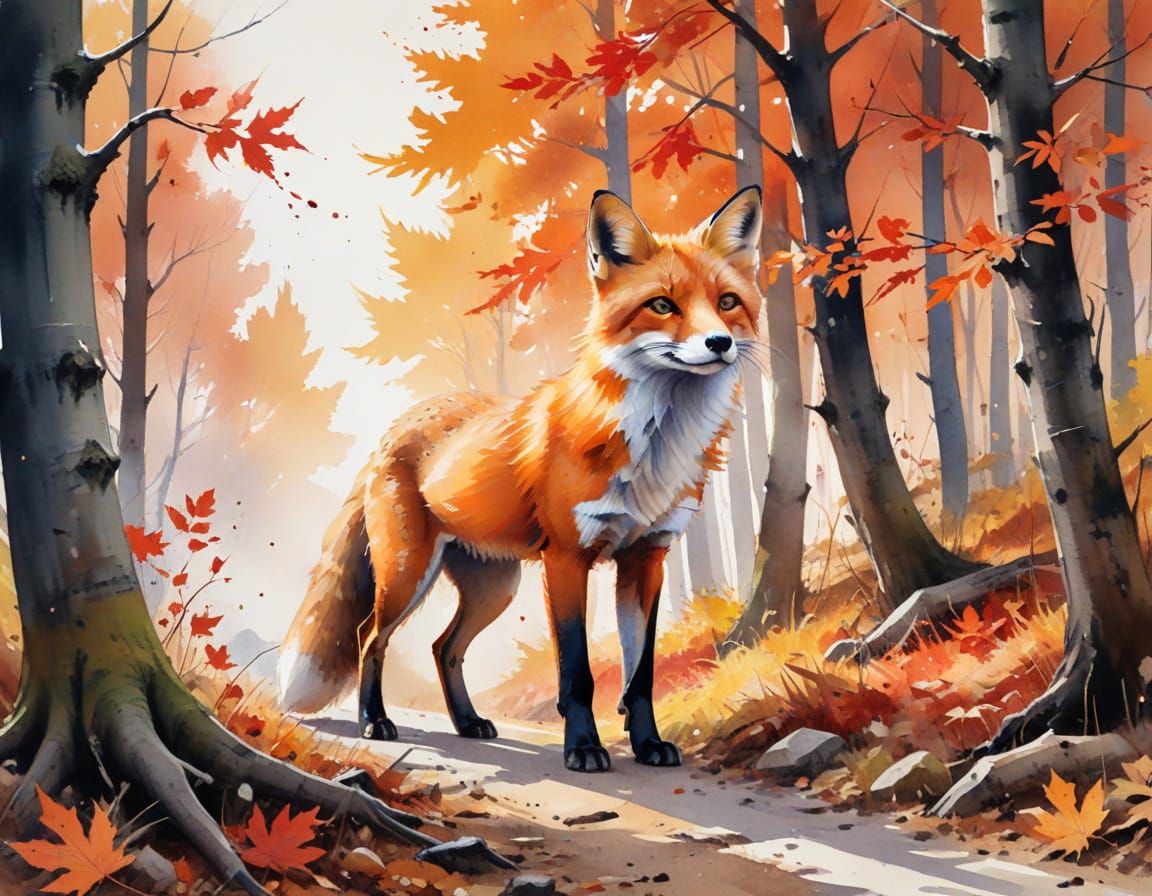 Red Fox on Autumn Trail: Watercolour Painting