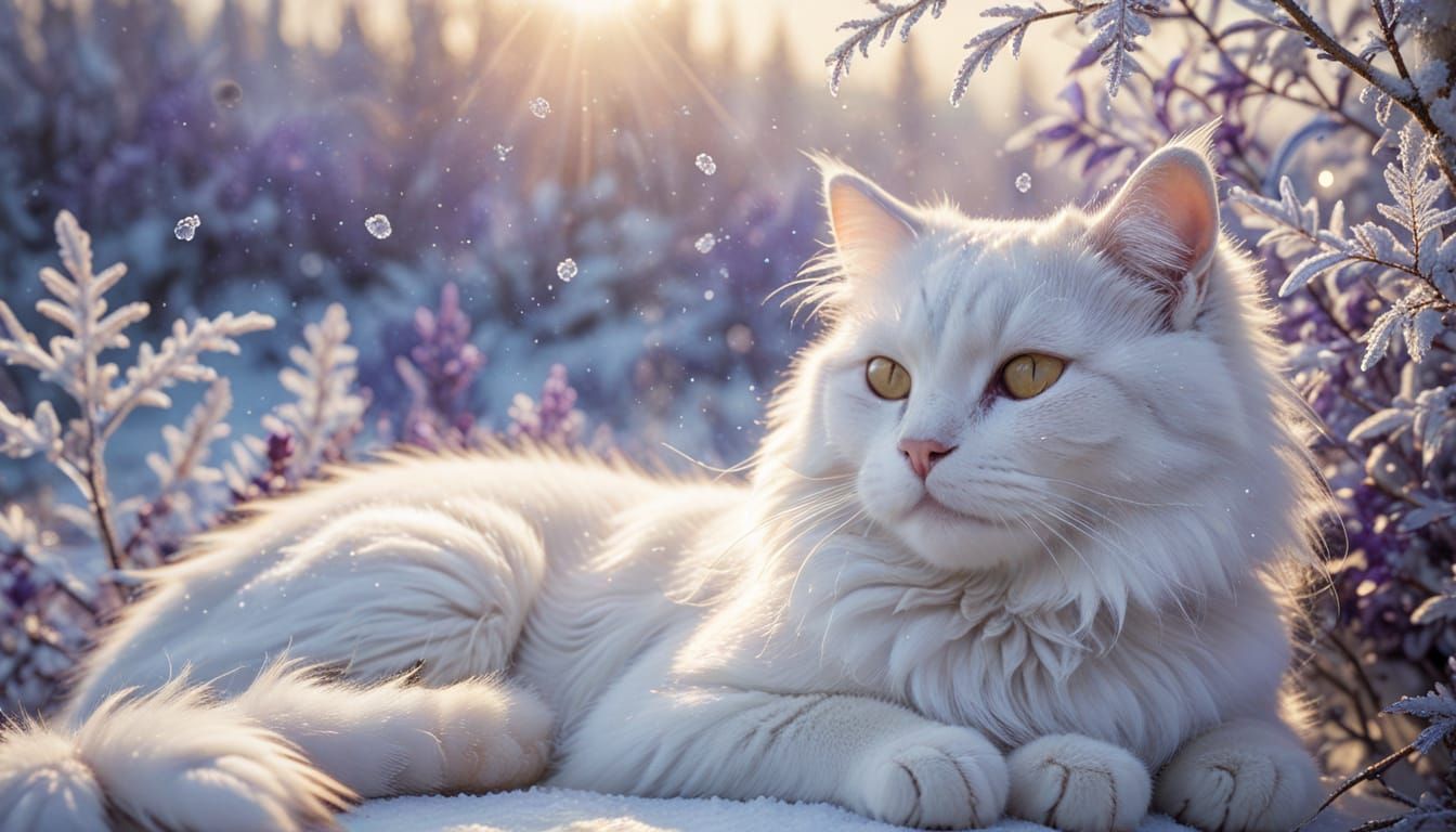 Dreamy Winter Cat with Frosty Fur and Snow Bird