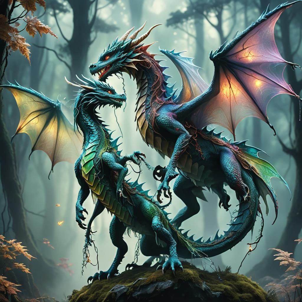 Dragon and String Fairy in Misty Forest