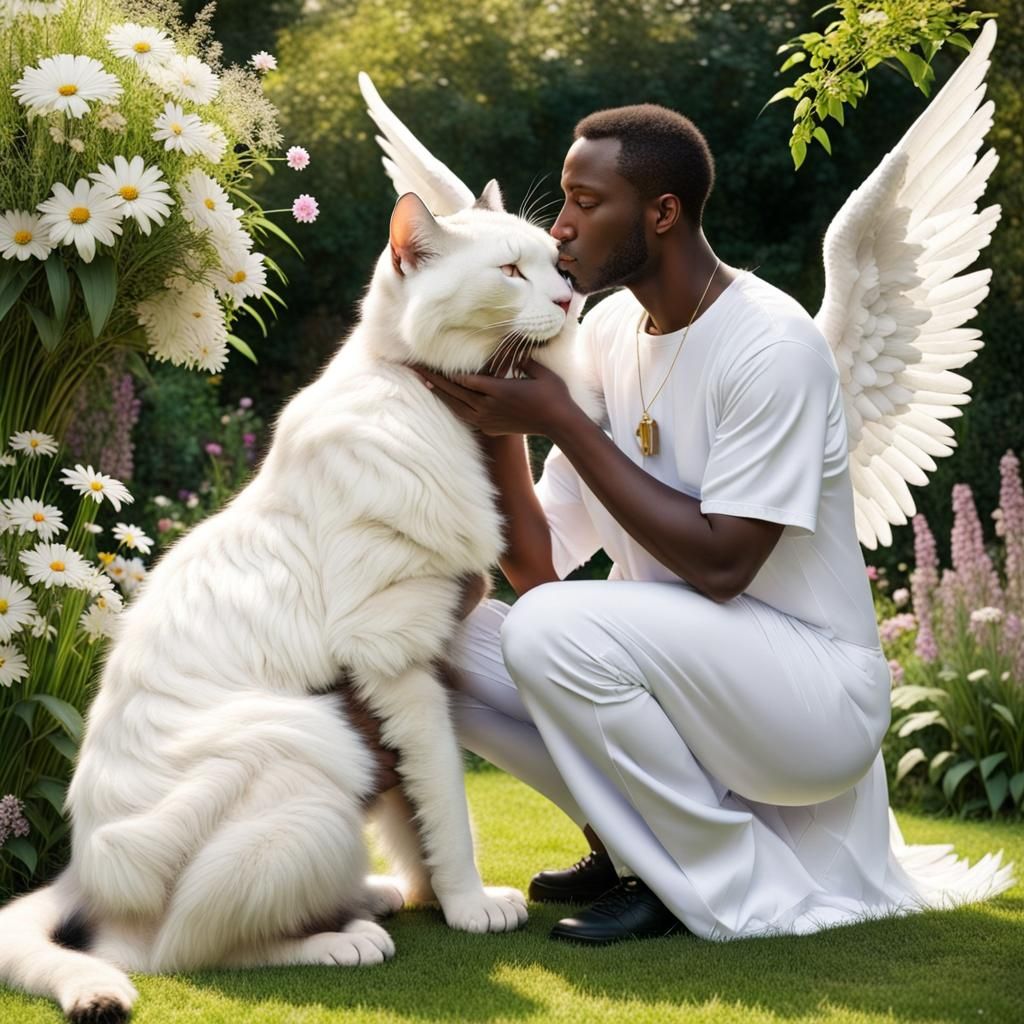 Angel Kissing a Cat in Heavenly Garden