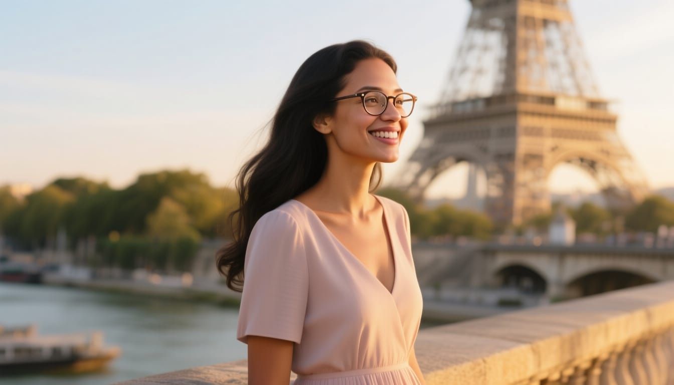Elegant Woman in Paris Near Eiffel Tower at Golden Hour